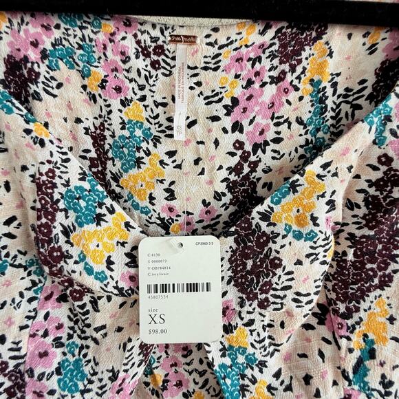 Free People Ivory Floral Tie Front Mini Dress Cutout Waist Cottagecore XS - Picture 4 of 7